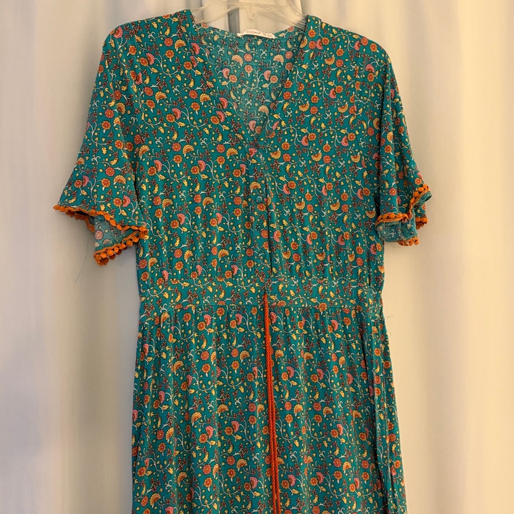 R. Vivimos Floral Teal and Orange Maxi Short Sleeve Boho Cottage core Dress, L